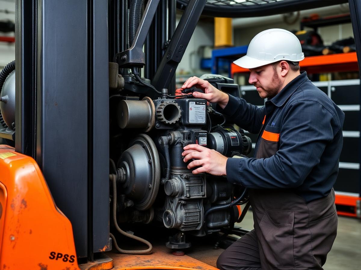 Technicien réalisant la maintenance d'un chariot élévateur