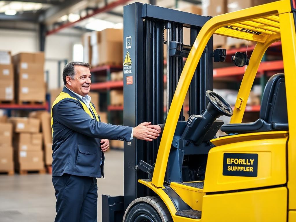 Responsable logistique et fournisseur de chariots élévateurs se saluant